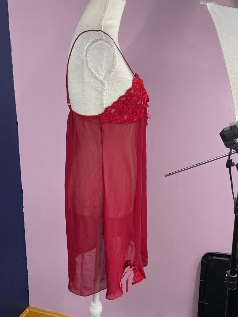 Vintage Lace Mesh Chemise L Slip Dress Burgundy Red Night Floral Babydoll Empire - Picture 7 of 10